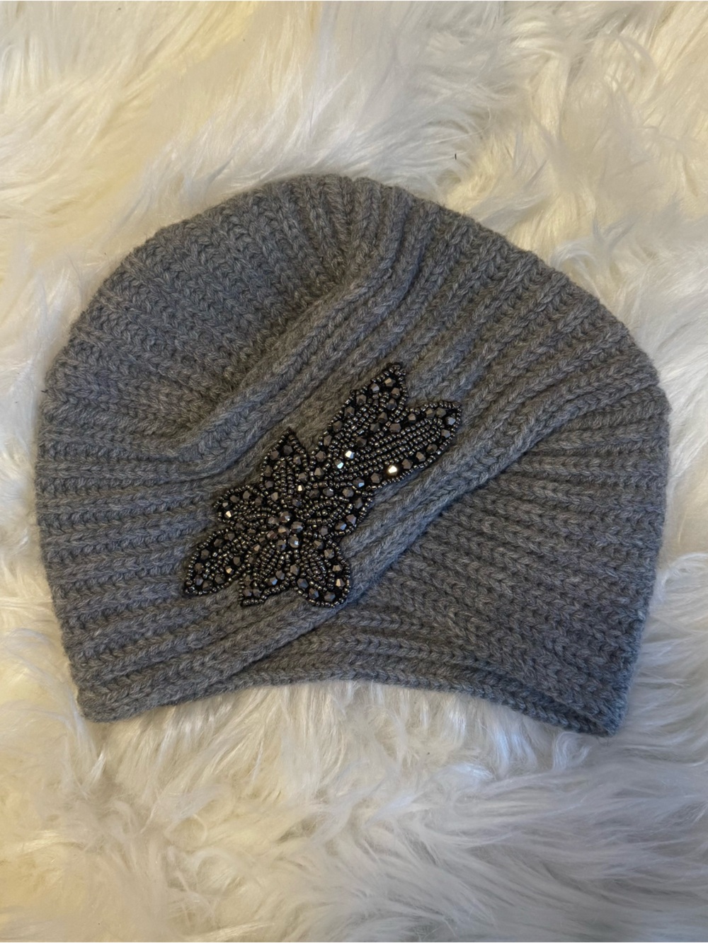 Dark Gray Beaded Turban Crochet Hat